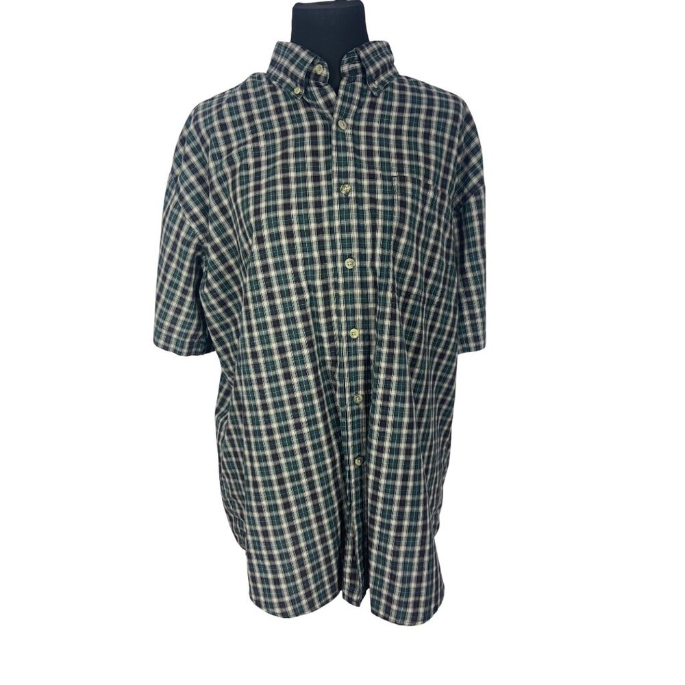 Bit And Bridle Men Green & Navy Plaid‎ Button-Down Short-Sleeve Shirt Size XL